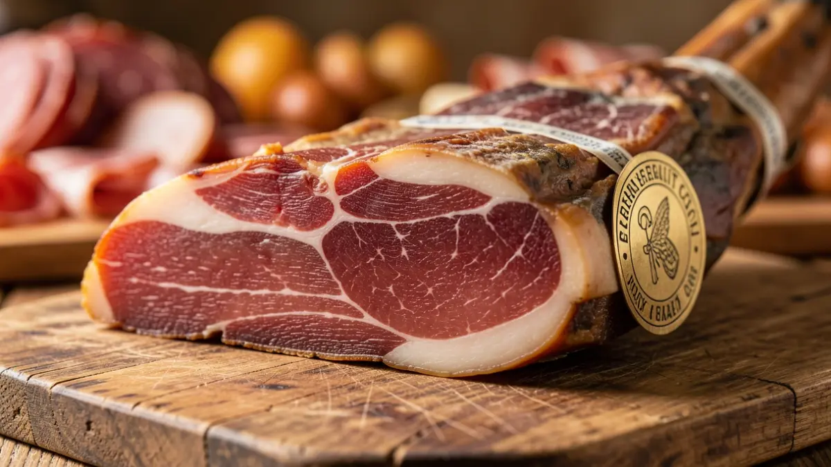Close-up of a Serrano ham leg with its quality seal on a rustic wooden board.