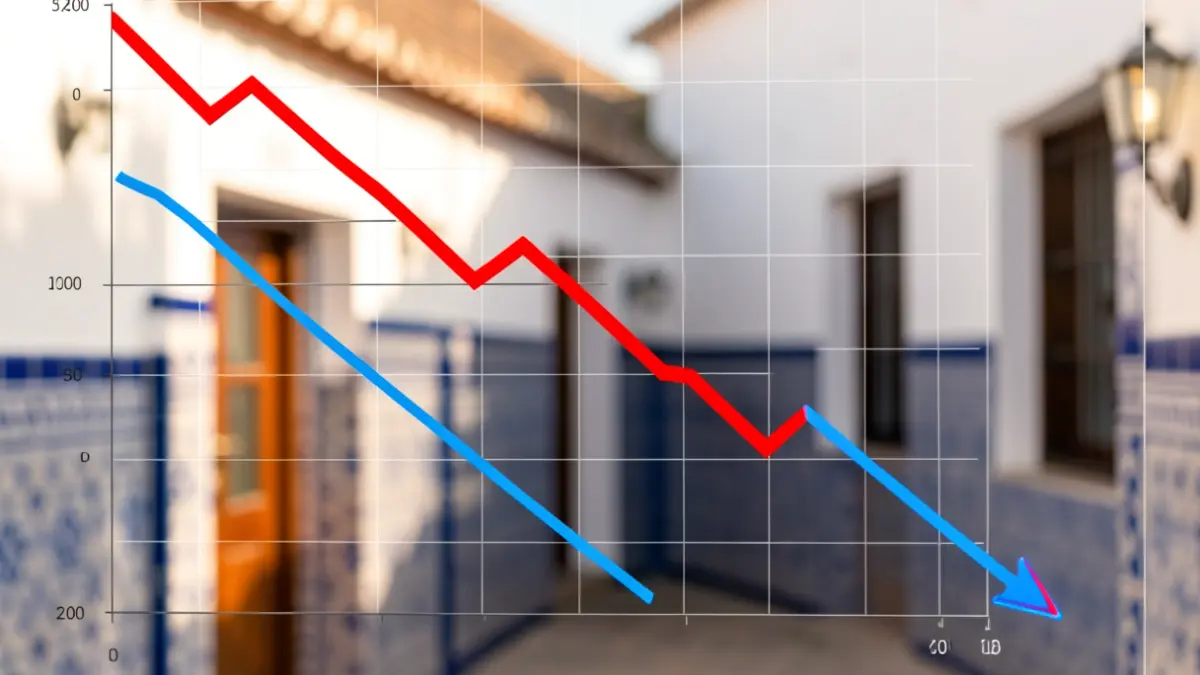 Inflation graph trending downwards in Andalusia with Andalusian architecture in the background.