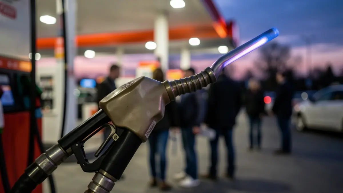 Close-up of a fuel pump nozzle with a subtle glow, against a blurred background of a gas station at dusk.