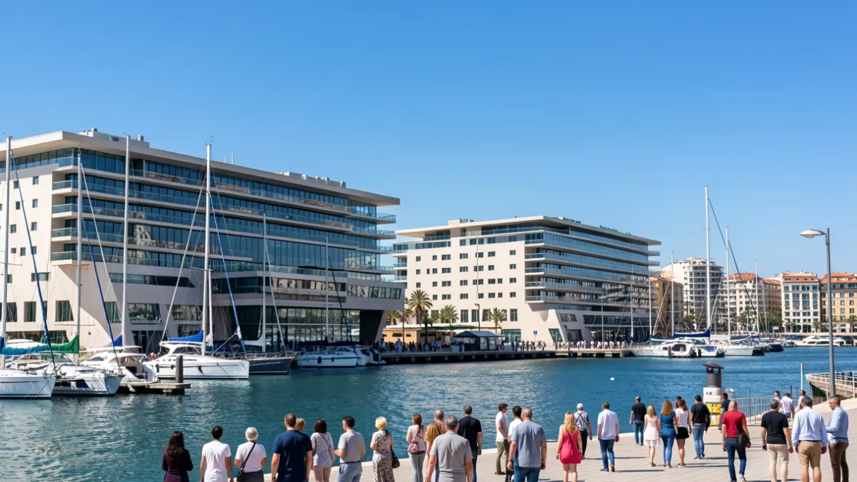 Architectural view of the Marina de Valencia with the former America's Cup bases.
