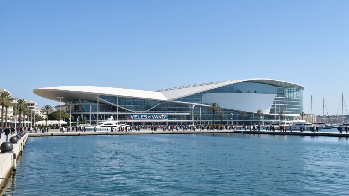 Architectural view of the Marina de Valencia with the Veles e Vents building in the background.