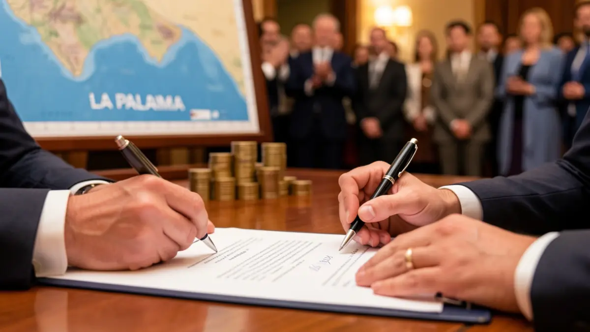 Hands signing a document on a desk with a map of La Palma and coins.