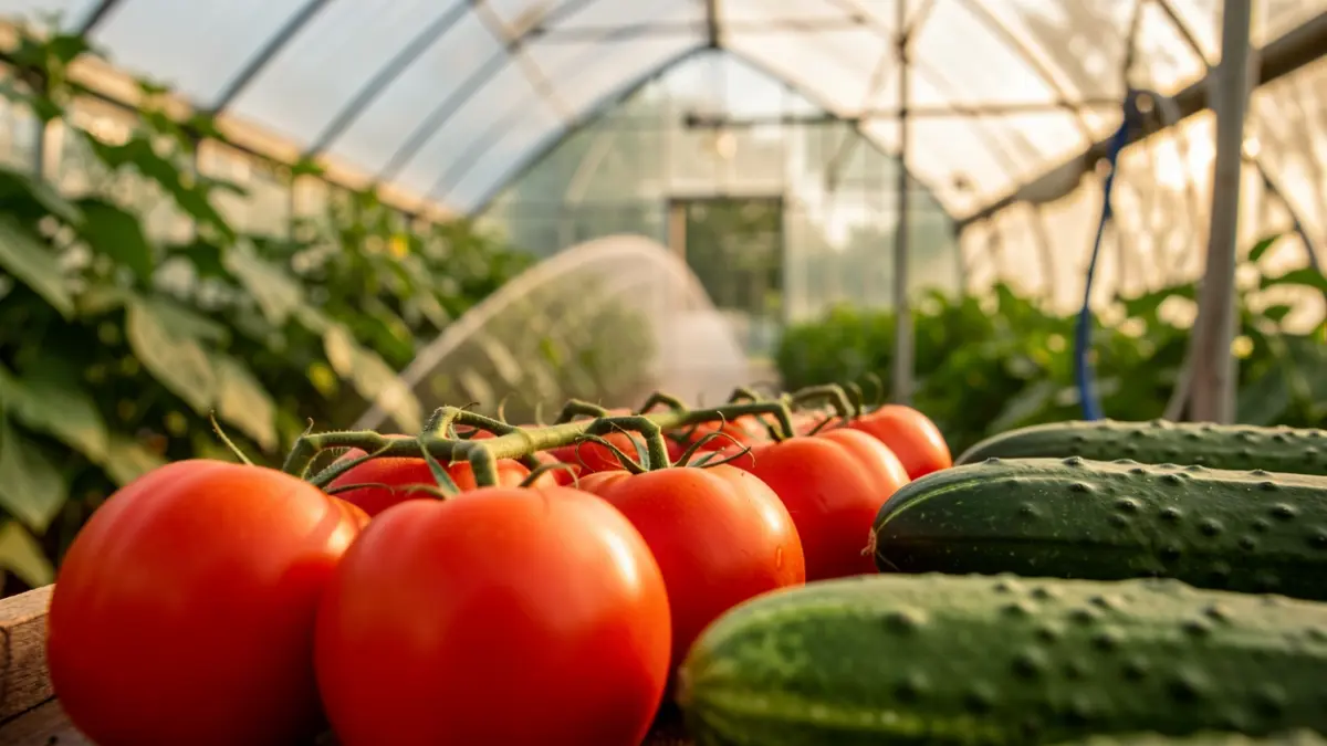 Primer plano de tomates y pepinos maduros en un invernadero.