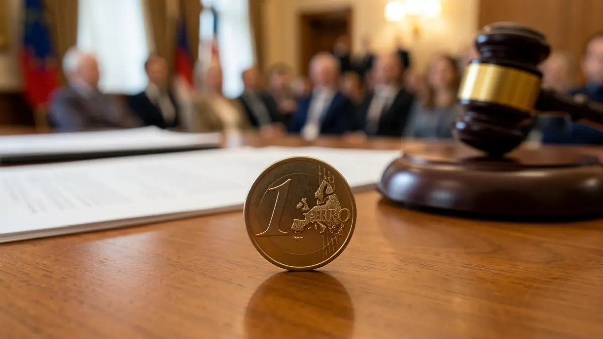 Imagen genérica de una moneda de euro sobre un escritorio con documentos legales.