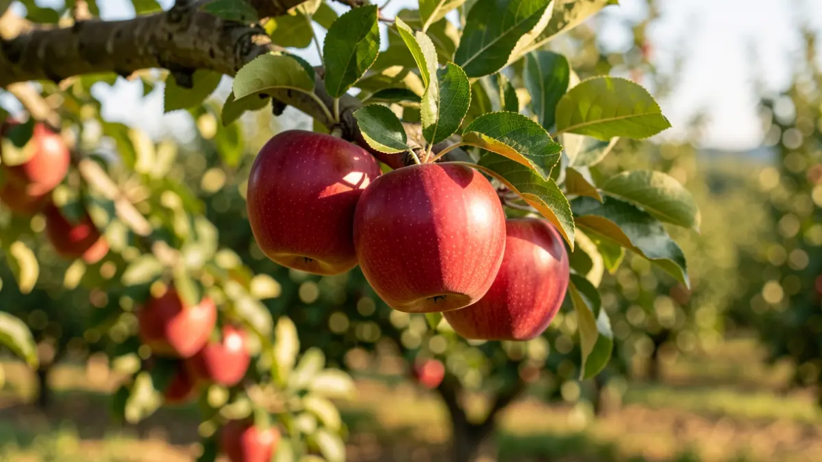 Imagen genérica de manzanas en un árbol en un campo de cultivo.
