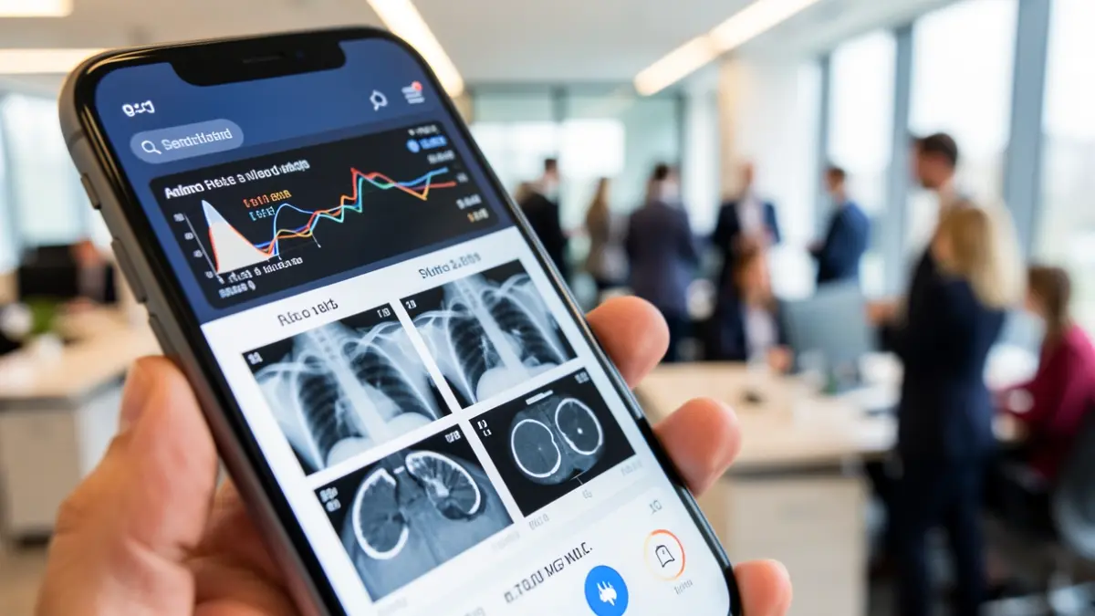 Pantalla de móvil mostrando resultados de pruebas médicas digitales.