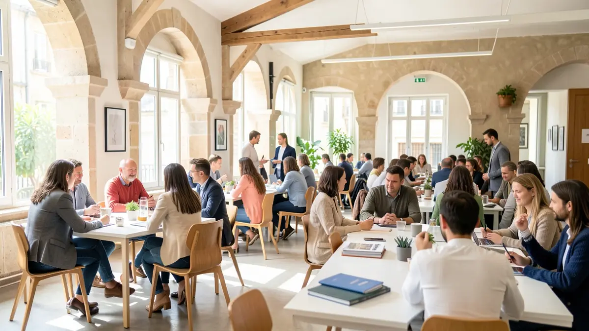 Generic image of a modern coworking space with people collaborating.