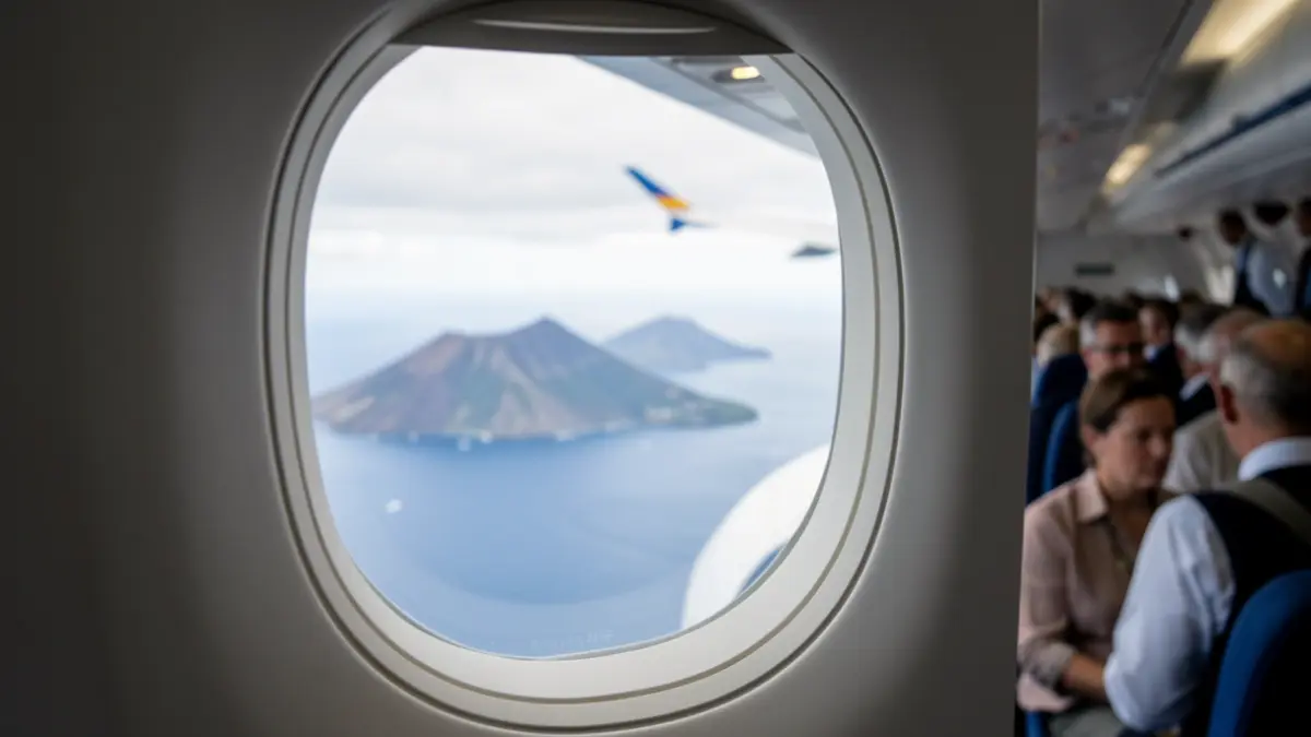 Ventana de avión con vista borrosa de islas volcánicas y océano.