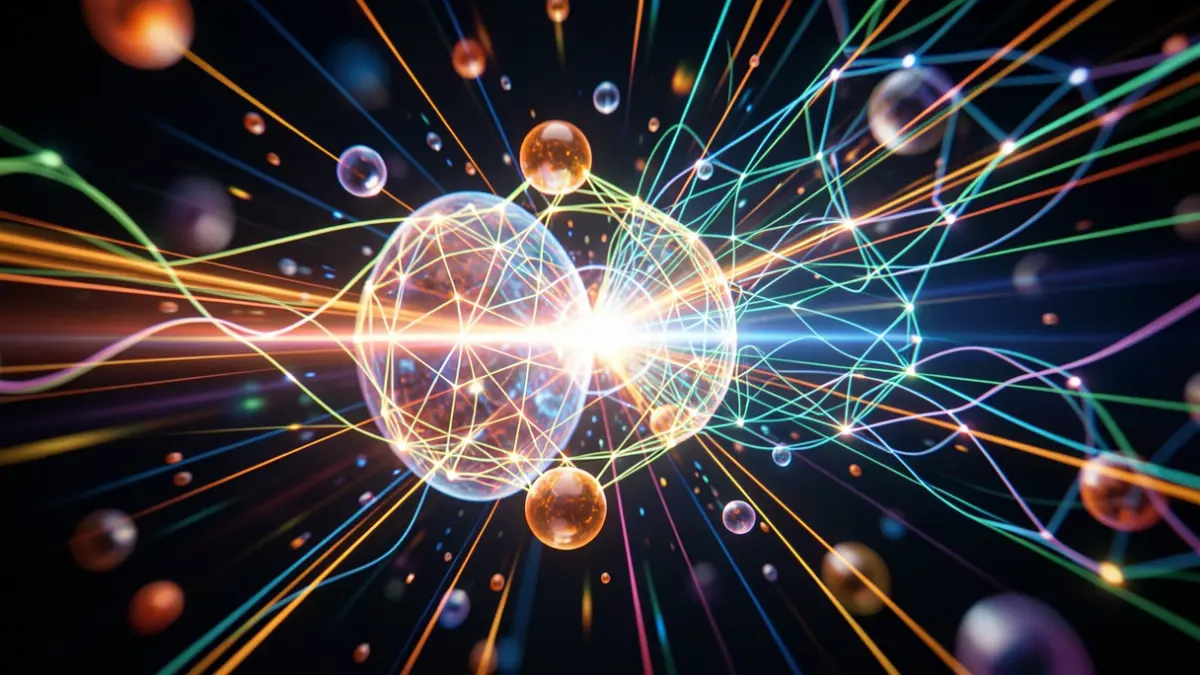 Abstract visualization of subatomic particles and neural networks in nuclear physics.