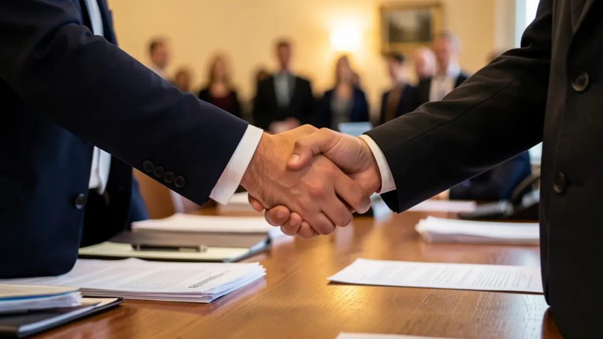 Generic image of two people shaking hands over a desk.