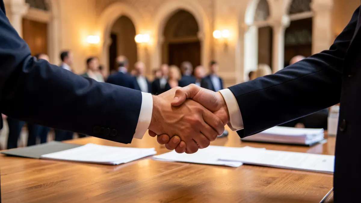 Generic image of two hands shaking over a desk.