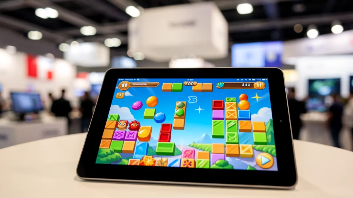 Imagen de una tableta digital con un videojuego de bloques en una feria tecnológica.