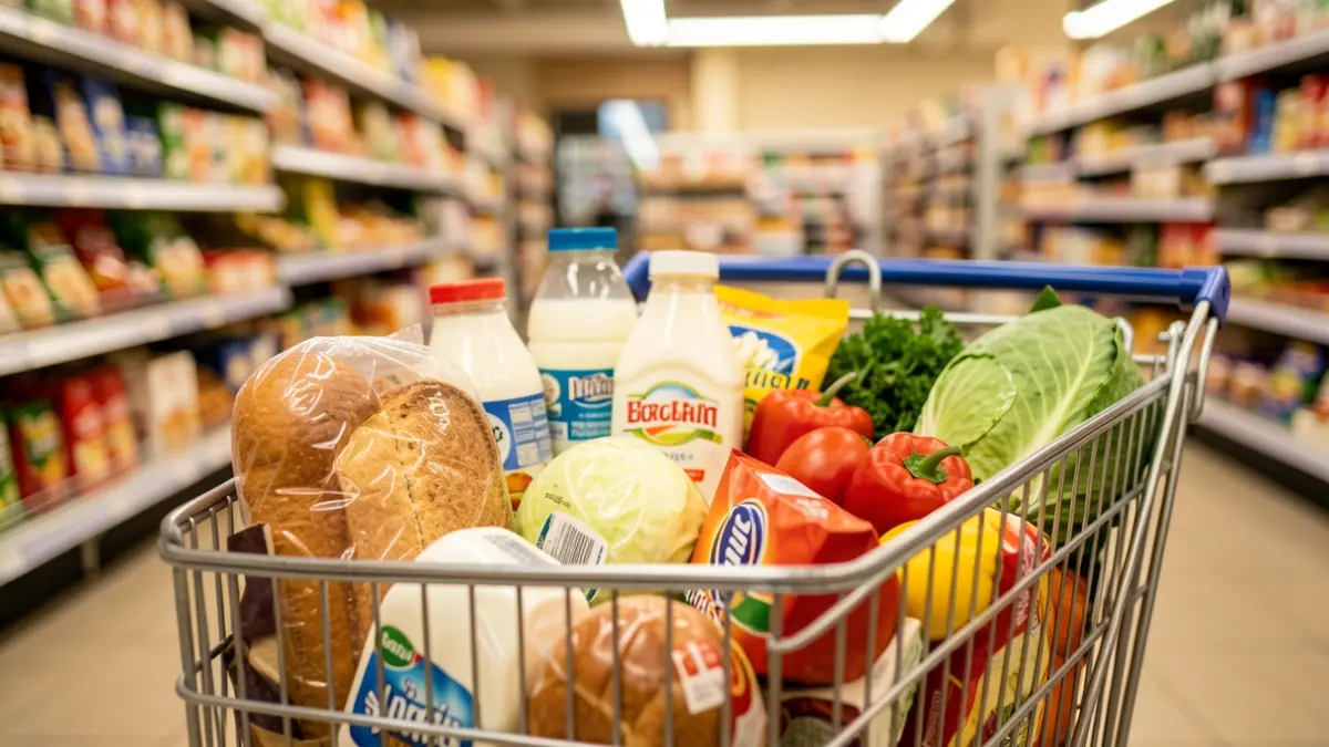 Shopping cart full of basic food items like bread, milk, and vegetables, with a blurred supermarket in the background.