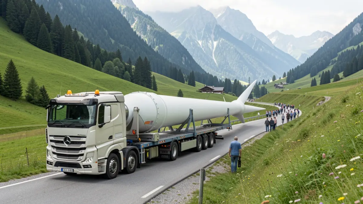 Truck transporting wind turbine blades along a mountain road.