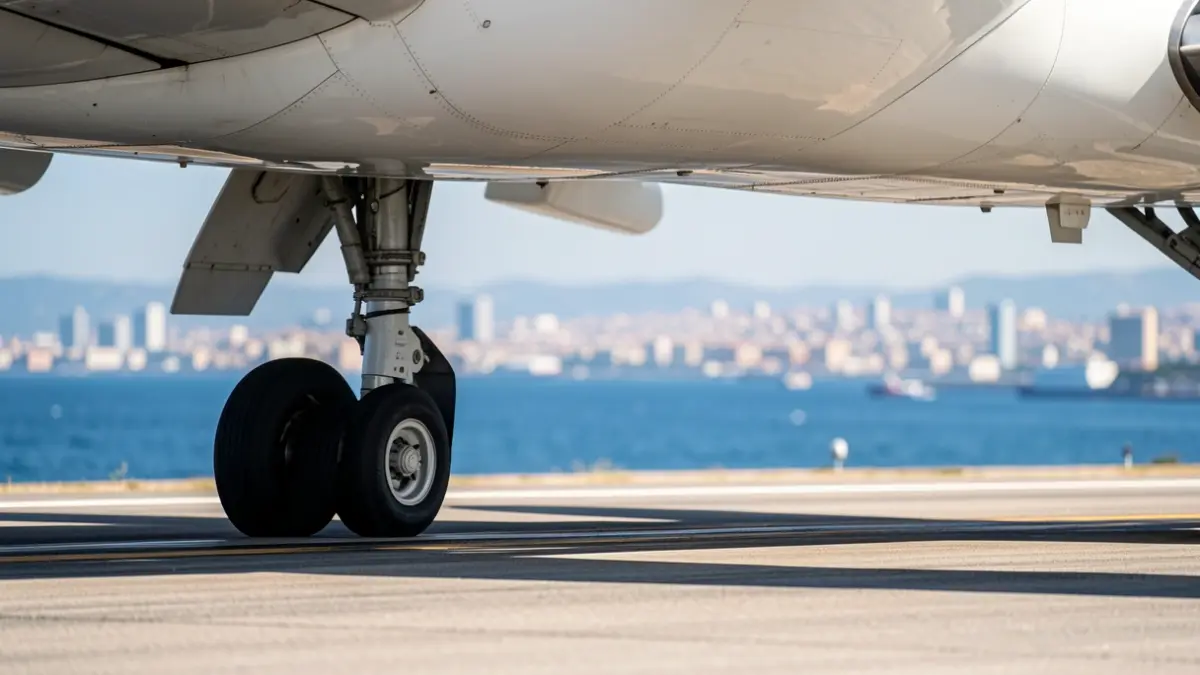 Airplane landing at Alicante-Elche airport with the Mediterranean Sea in the background.