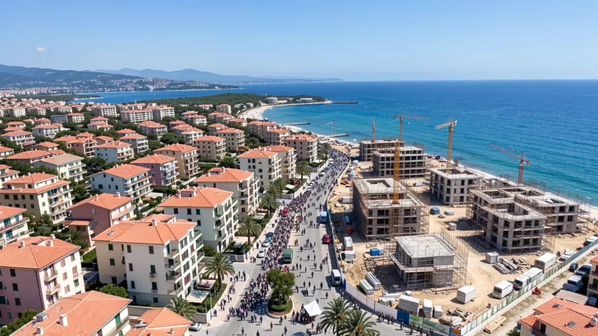 Aerial view of new housing constructions on the coast of Terres de l'Ebre.