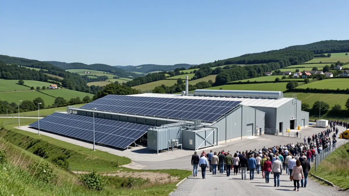 View of solar panels and thermal storage infrastructure at the industrial facilities in Lantarón.