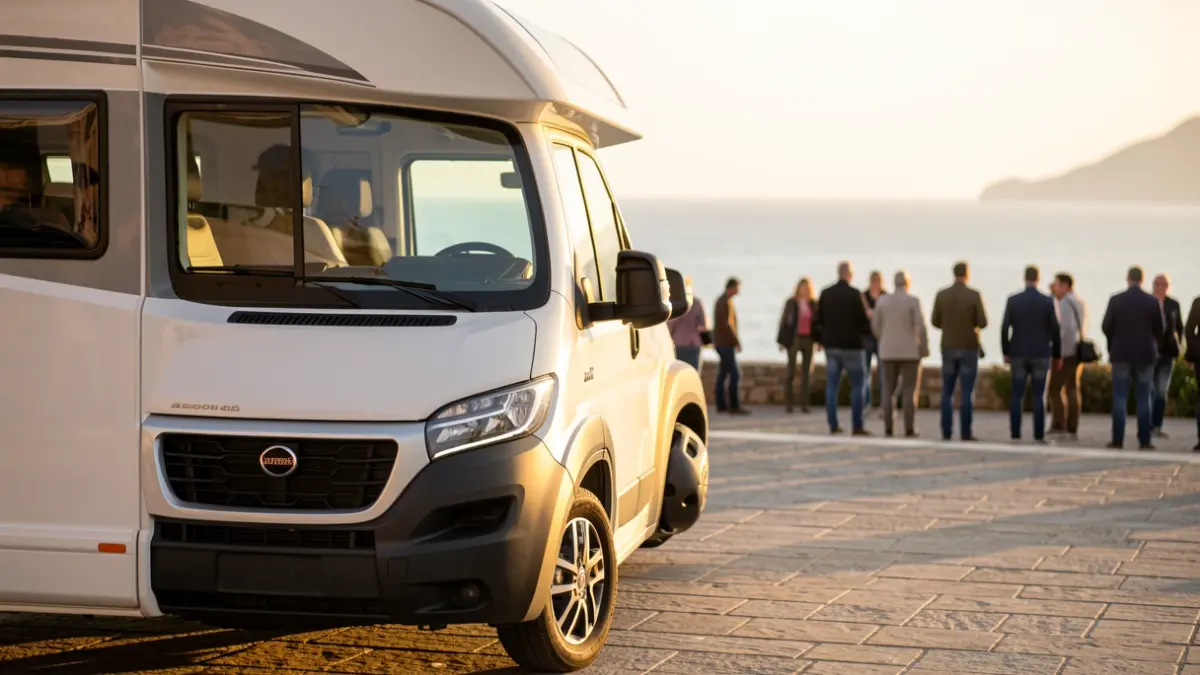 Imagen genérica de una autocaravana aparcada en una zona costera al atardecer.