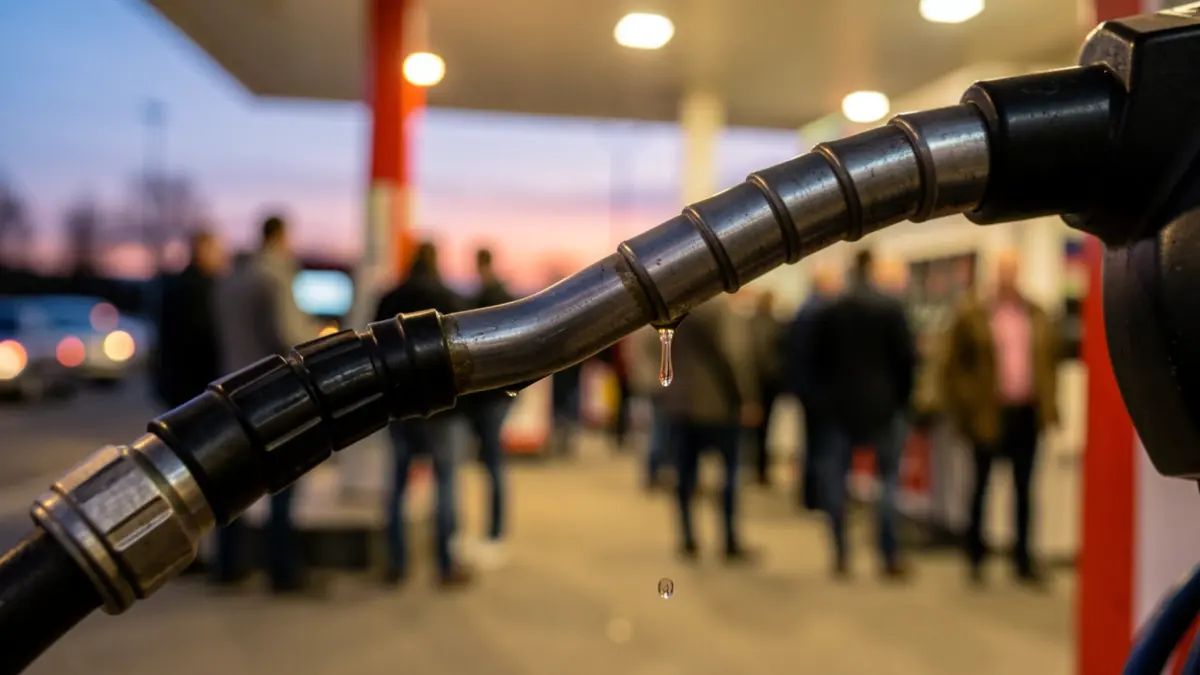 Primer plano de una manguera de gasolinera con una gota de gasolina cayendo, con una gasolinera borrosa al atardecer de fondo.