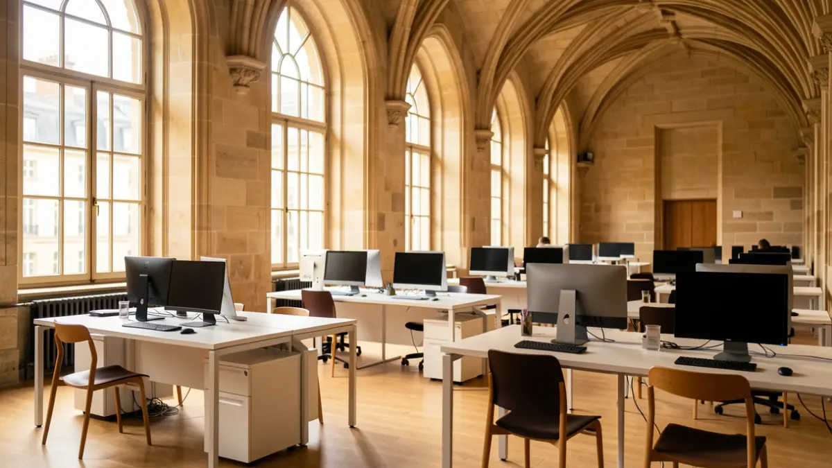 Imagen del interior de un edificio histórico adaptado como espacio de formación tecnológica con estaciones de trabajo modernas.