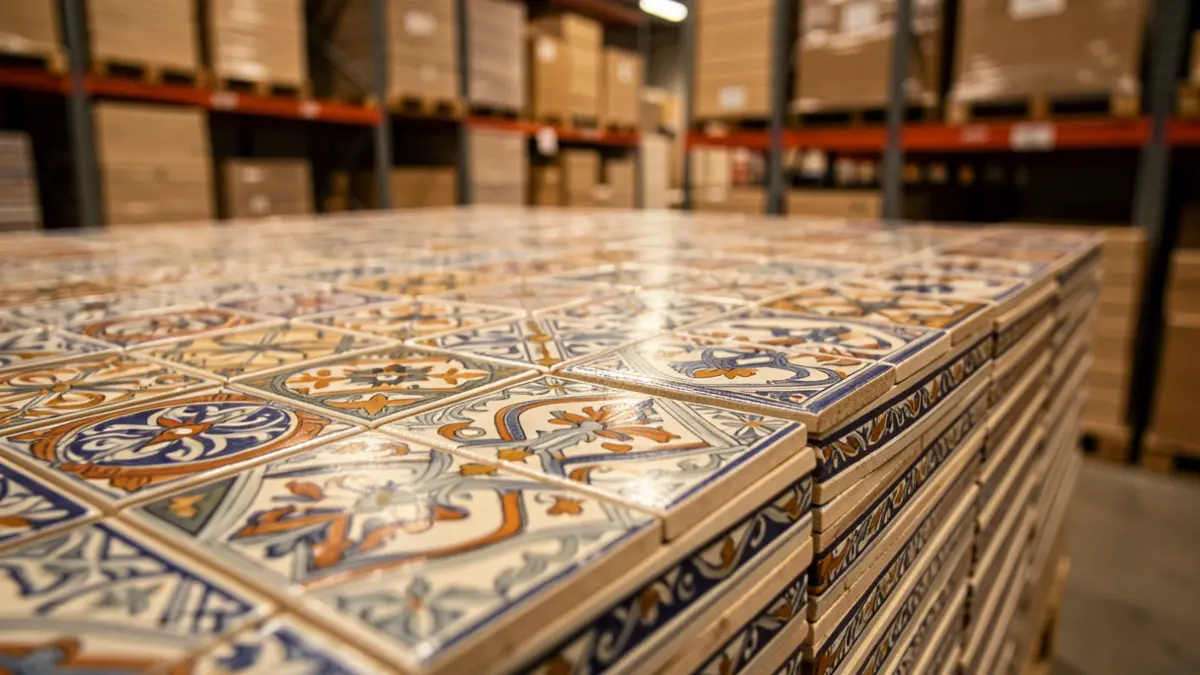 Generic image of ceramic tiles stacked in a warehouse.