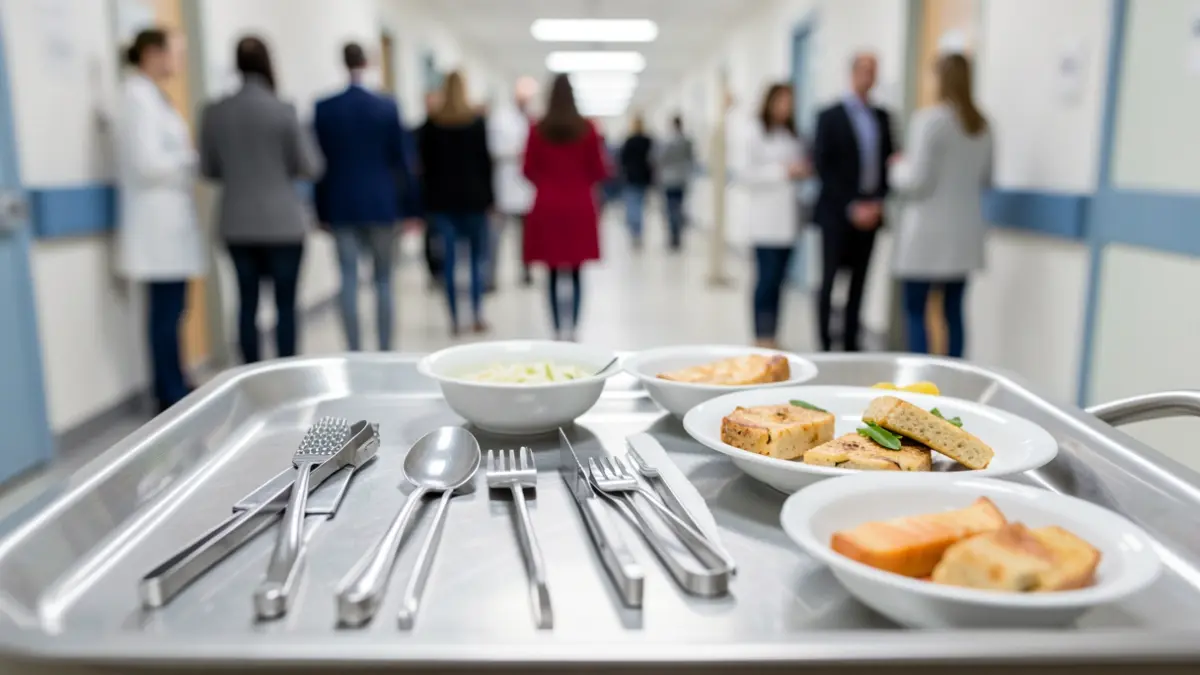 Primeiro plano dunha bandexa médica con instrumentos estériles e porcións de comida, representando servizos de catering hospitalario, cun fondo difuminado dun corredor de hospital.