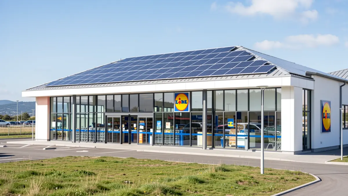 Imaxe xenérica dun supermercado Lidl moderno con paneis solares.
