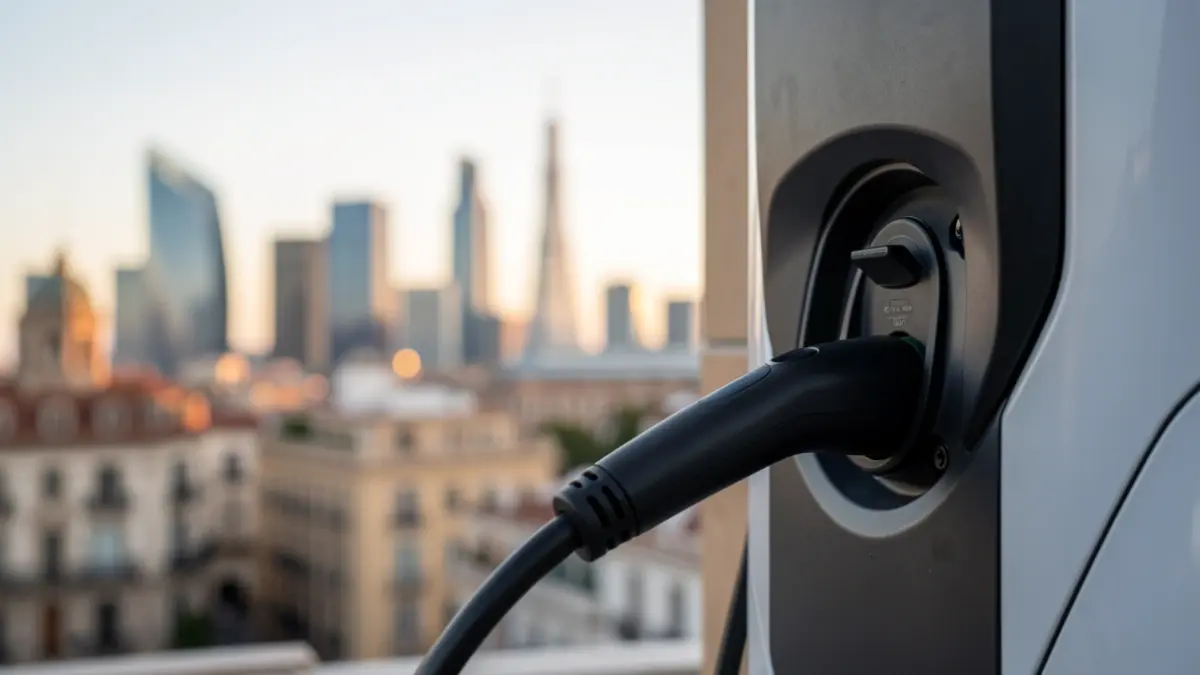Estación de carga para vehículos eléctricos en Madrid con el skyline de la ciudad al fondo.