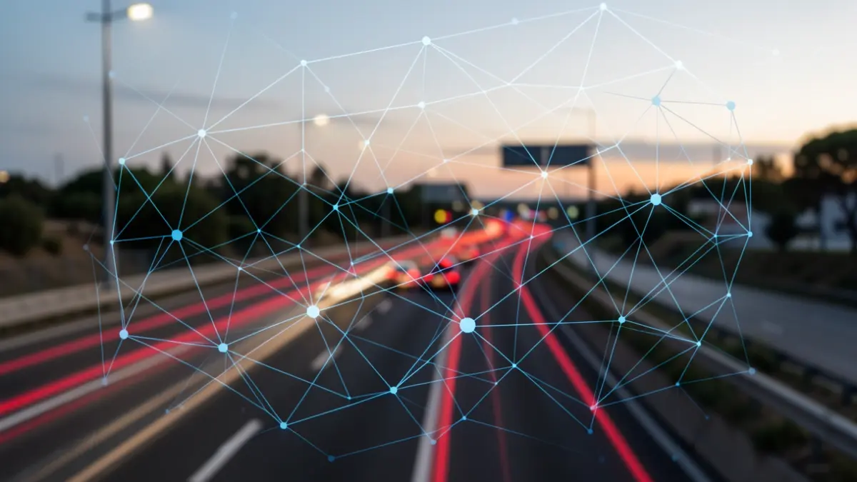Imagen abstracta de redes digitales y flujo de tráfico en una carretera de la Comunidad de Madrid al atardecer.