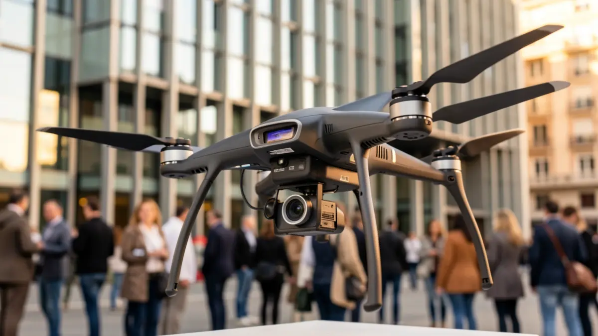 Primer plano de las hélices y tren de aterrizaje de un dron avanzado, con el fondo desenfocado de la fachada de un edificio de oficinas moderno en Madrid.