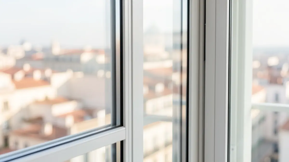 Ventana moderna de alta eficiencia energética con reflejo de la ciudad de Madrid.