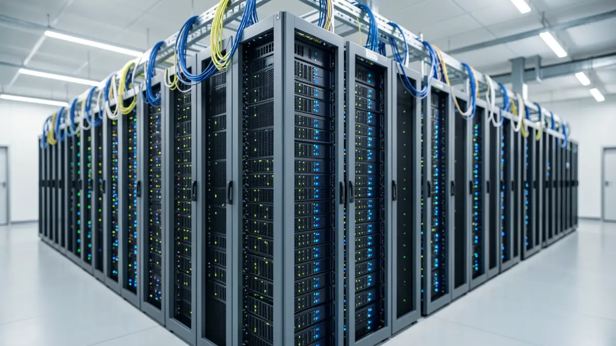 Imagen genérica de un centro de procesamiento de datos moderno y seguro con filas de servidores.