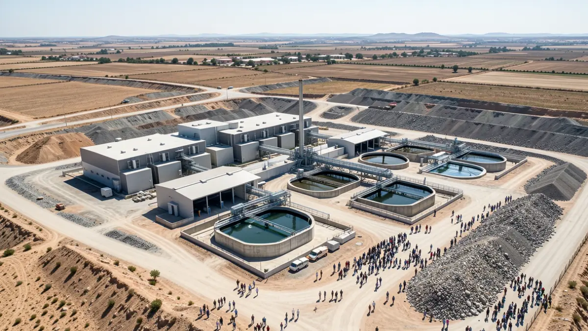 Aerial view of an industrial complex for mining waste treatment in Tharsis.