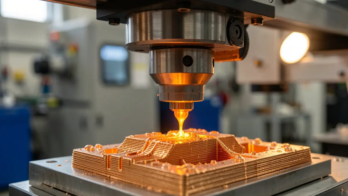 Primer plano de una impresora 3D de metal fabricando una pieza.