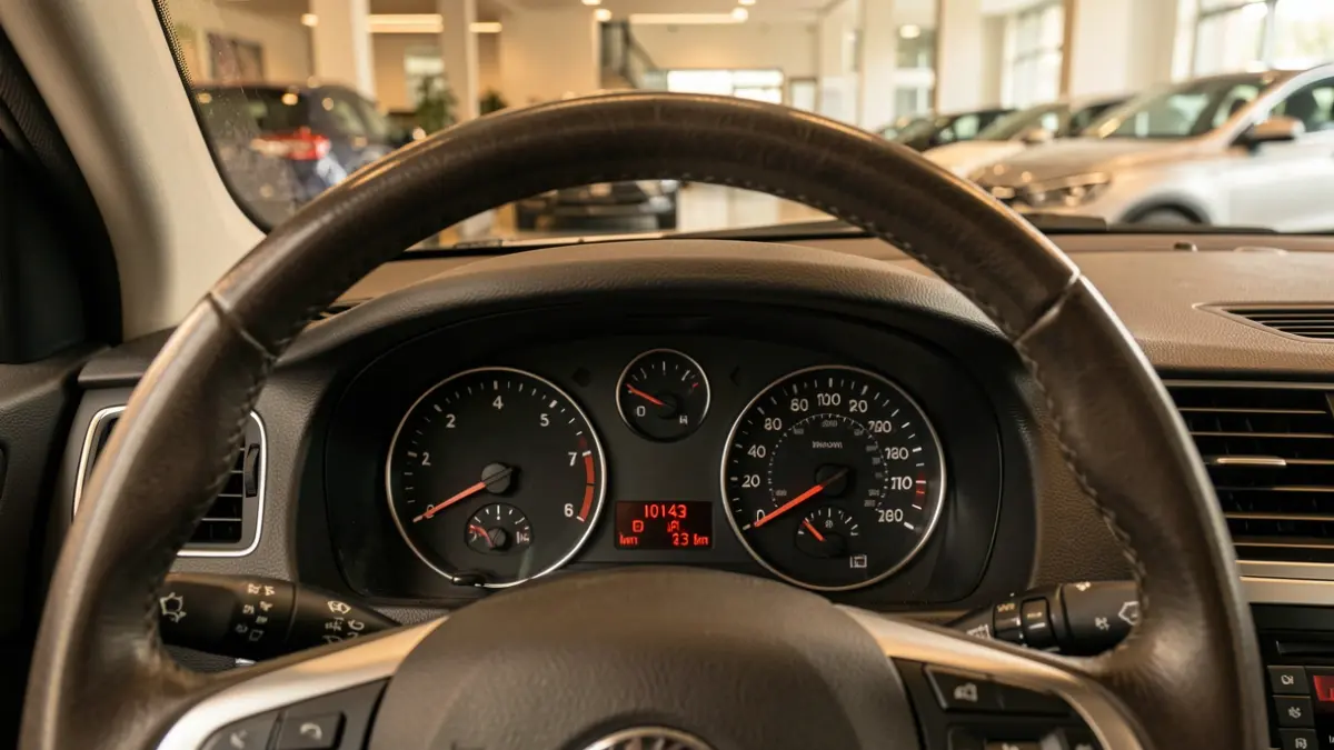 Primeiro plano do odómetro dun coche de ocasión marcando 10.143 km.