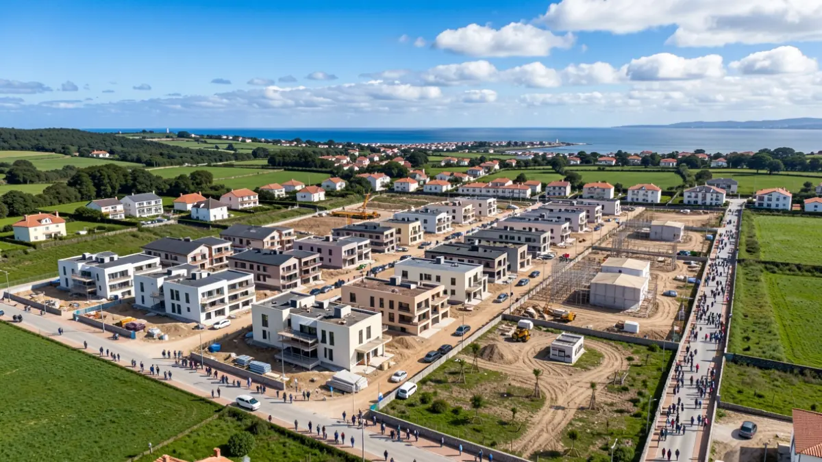 Vista aérea de una nueva urbanización con casas y edificios de apartamentos en construcción en una localidad costera de Galicia.