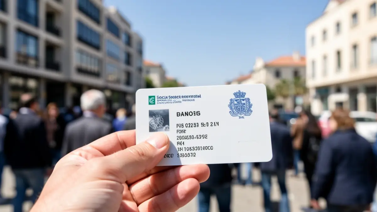 Close-up of a hand holding a Spanish Social Security card, with office buildings and a Mediterranean sky in the background.