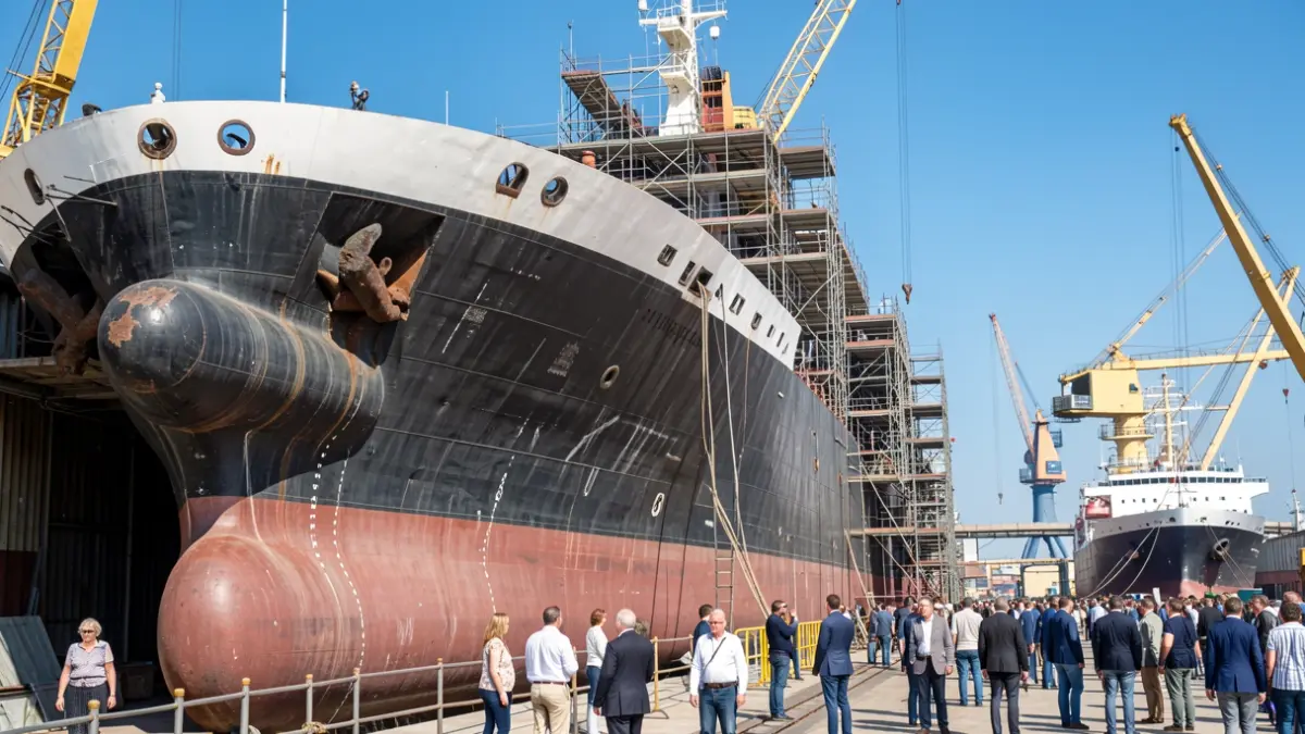 Generic image of a shipyard with a ship under construction.