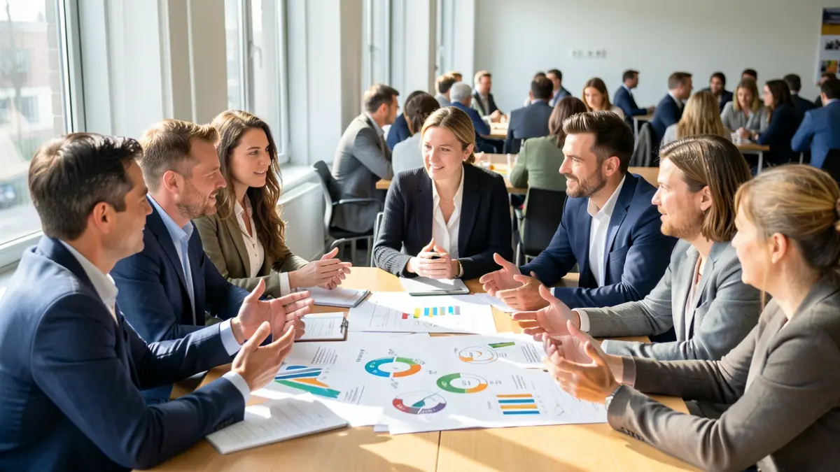 Diverse group of professionals collaborating at a round table on circular economy.