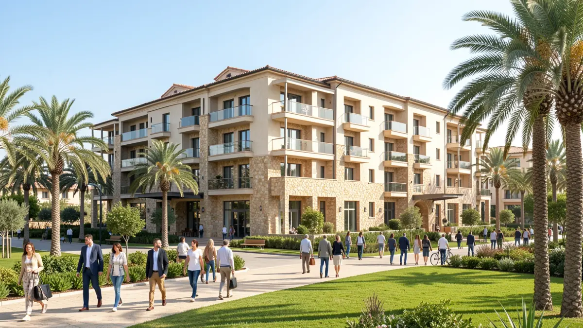 Imagen genérica de un hotel en construcción con elementos arquitectónicos mediterráneos.