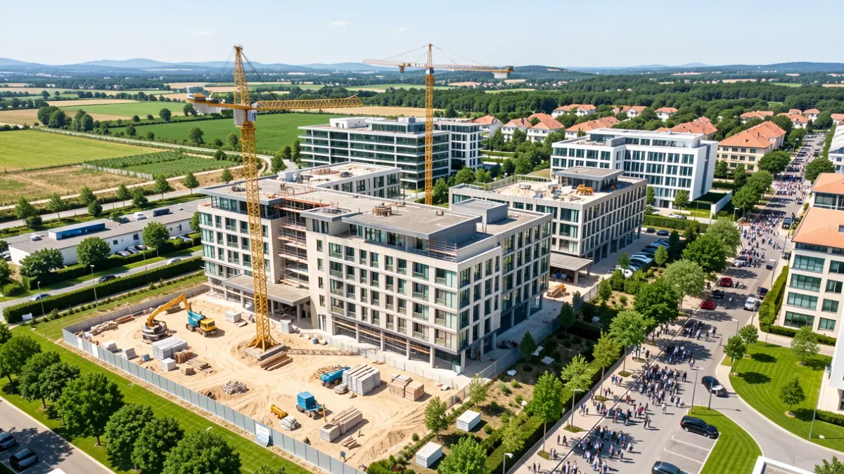 Generic image of a hotel under construction in a Mediterranean business park.