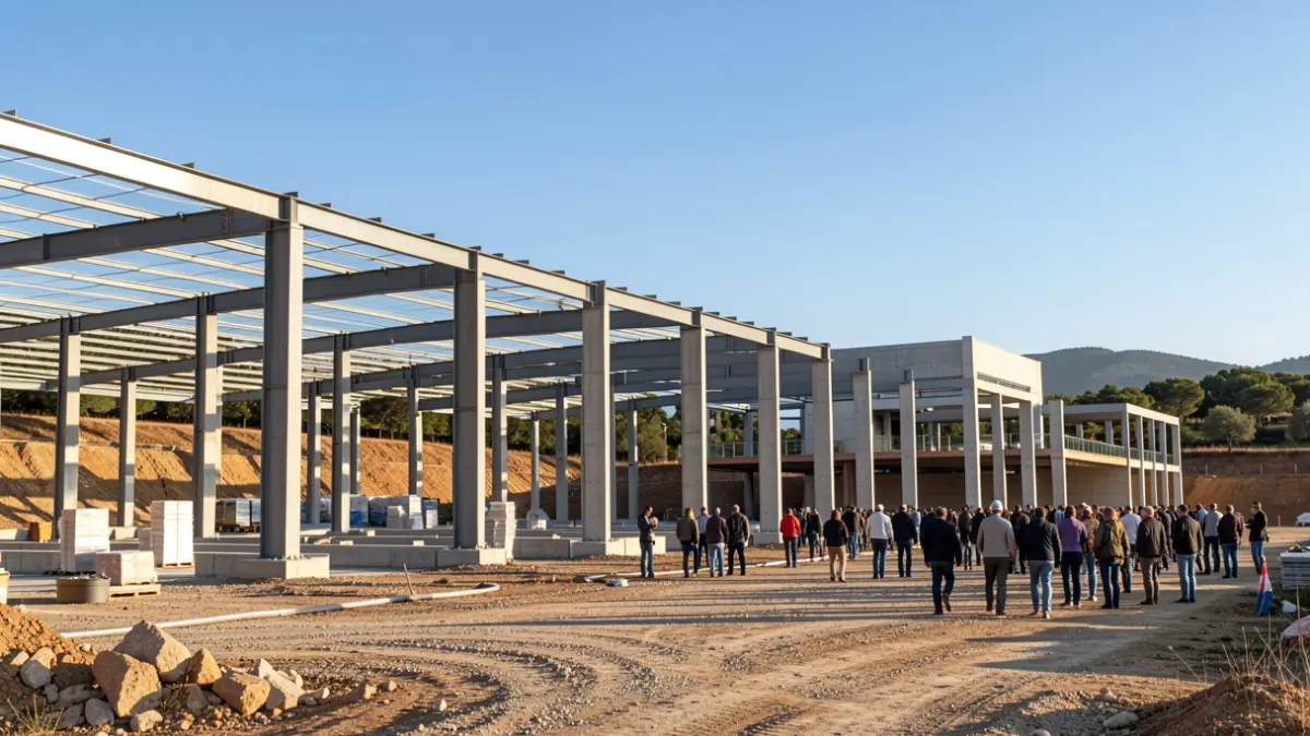Construction works of a logistics warehouse in a Mediterranean setting.