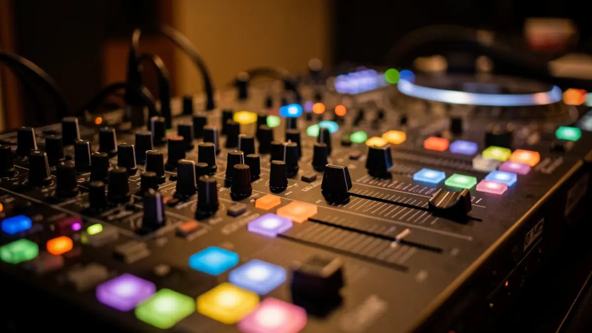 Generic image of a professional DJ mixing console in a recording studio.