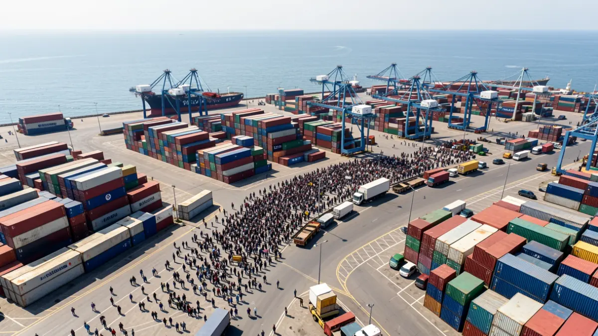 Aerial view of an industrial port area with containers and cranes.