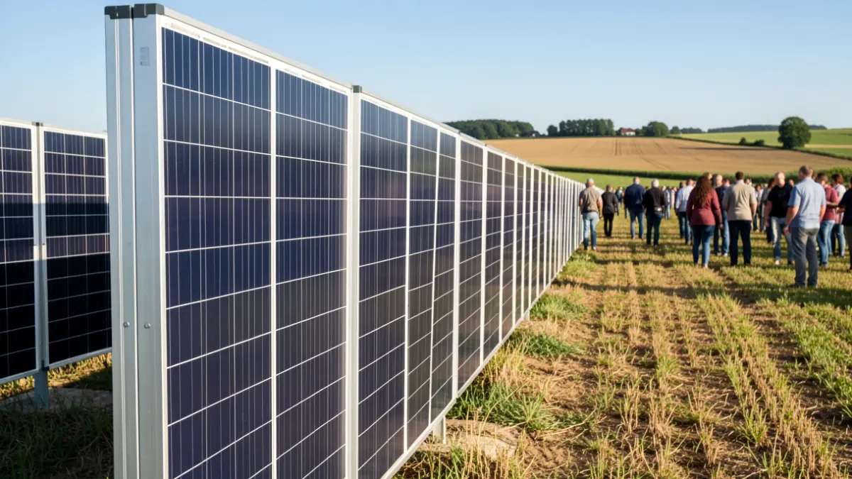 Instalación de paneles solares verticales en una finca agrícola.