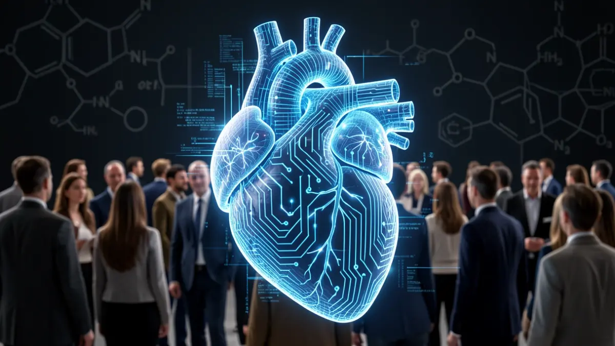 Imagen genérica de un corazón estilizado con circuitos y flujos de datos, representando la investigación cardiovascular y genética.