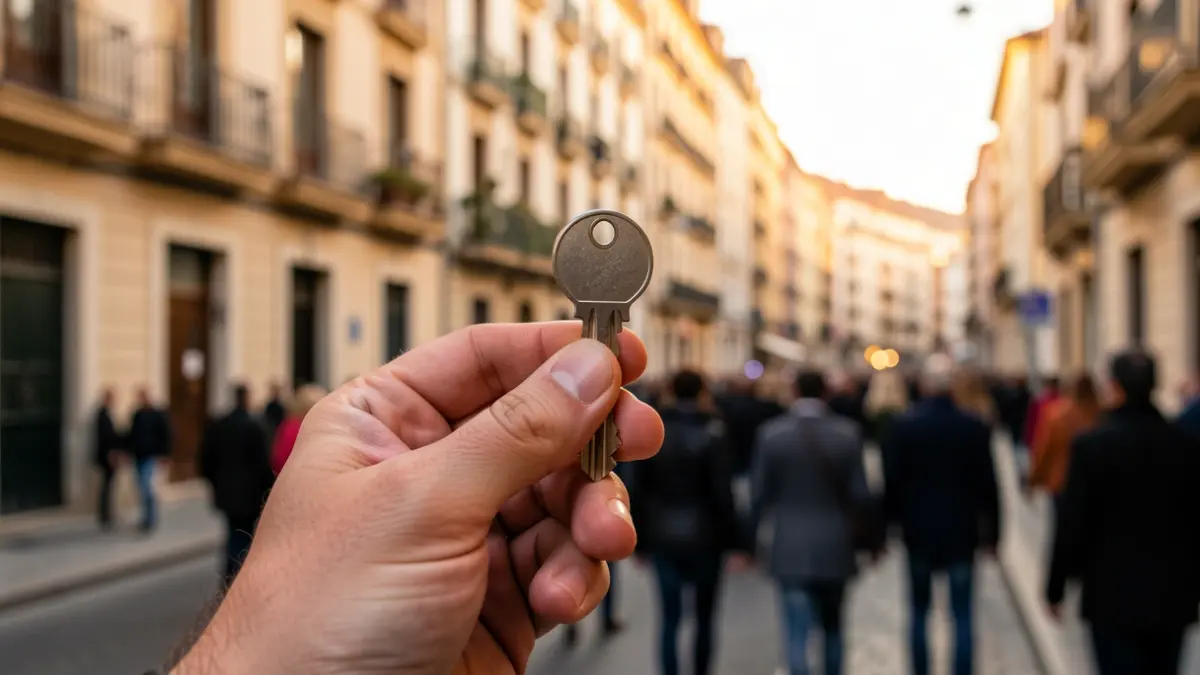 Primer plano de una mano sosteniendo una llave, con edificios de apartamentos en una ciudad gallega al fondo, luz cálida del atardecer.