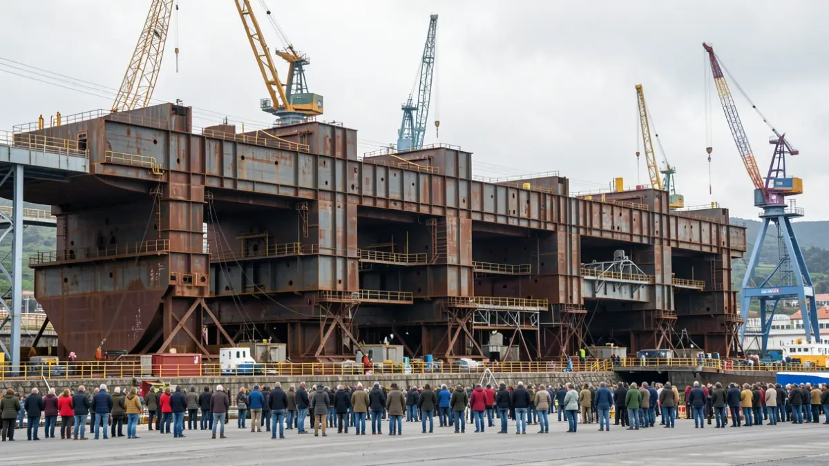 Vista industrial do estaleiro de Ferrol durante a construción de buques militares.