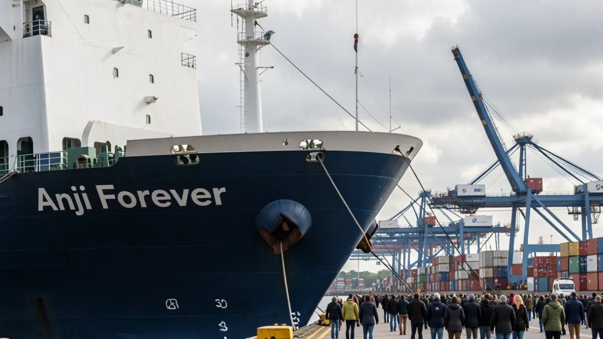 Primeiro buque 'Anji Forever' con vehículos de MG atraca no porto de Ferrol.