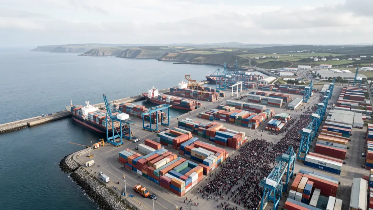Vista aérea de una zona portuaria industrial con contenedores y grúas.